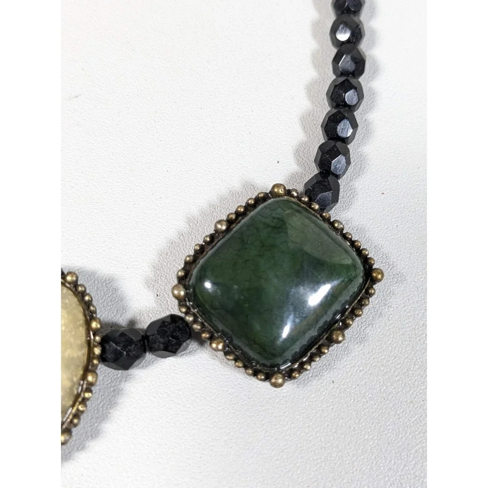 Black Glass Bead green Ivory Color Acrylic Square Oval Cabochon Necklace 16.5 in